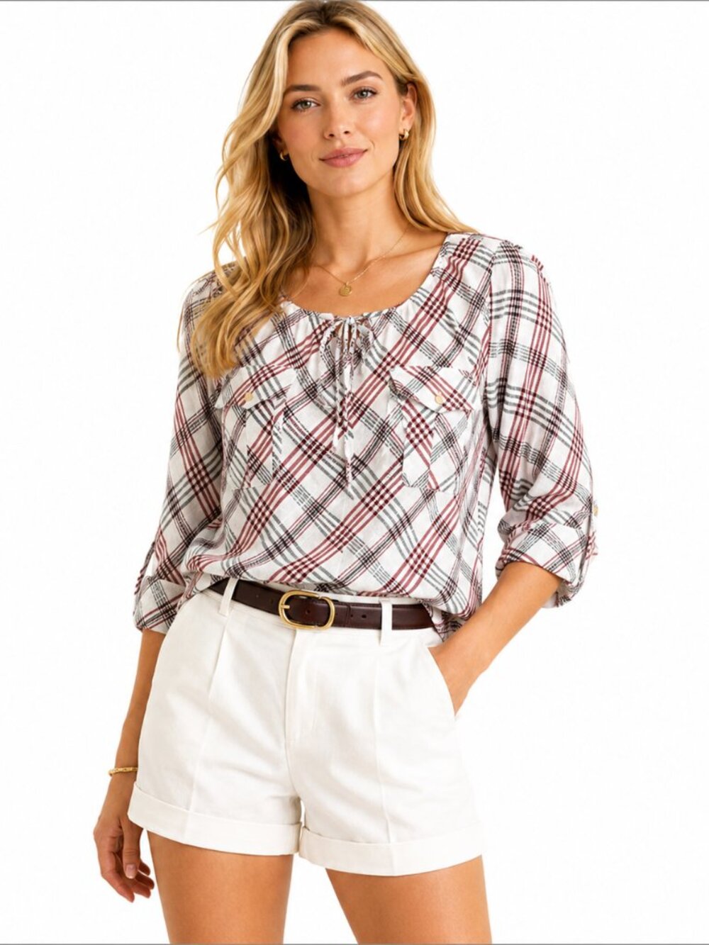 Polo Ralph Lauren Plaid Tie Neck Blouse Red Black Preppy Womens M